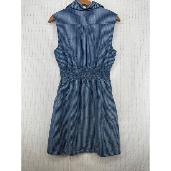 J Gee Dress Sz M? Blue Striped Shirt-Waist Zip-Up PolyCotton Slvless Pockets - Picture 6 of 13